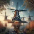 Renowned cluster of windmills located in Kinderdijk, Netherlands.