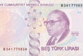 Renowned historian of science Aydin Sayili Portrait from Turkey 5 Lira 2009 Banknote Royalty Free Stock Photo