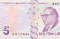 Renowned historian of science Aydin Sayili Portrait from Turkey 5 Lira 2009 Banknote Royalty Free Stock Photo