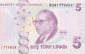 Renowned historian of science Aydin Sayili Portrait from Turkey 5 Lira 2009 Banknote Royalty Free Stock Photo