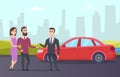 Rent car. Couple rents a car from rental agent. Vector cartoon character people and city landscape