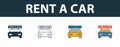 Rent A Car icon set. Four simple symbols in diferent styles from travel icons collection. Creative rent a car icons filled, Royalty Free Stock Photo