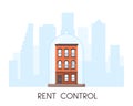 Rent control house concept. Old-fashioned house and city view silhouette. Brick building covered by glass dom. Rent Royalty Free Stock Photo