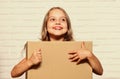 Rent house. Real estate. Make moving easier. Girl small child carry cardboard box. Packaging things. Move out concept