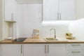 Rent of modern housing sale of new apartment, modern renovation. White furniture with utensils, shelves with crockery and plants