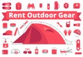 Rent outdoor gear. Camping gear rental. Mountain hike equipment set. Tourism travel adventure. Trekking hiking tent Royalty Free Stock Photo