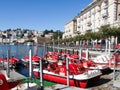 Rent pedal boats on the lake shore Royalty Free Stock Photo