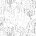 For rent. Words in city buildings background. Isometric top view. Gray lines outline contour style. Background real estate. Vector