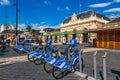 Rental bicycles in front of central railway station in Nice, France.