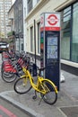 October 2017, St Lukes area, London, A rental bike station.