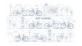 Rental bikes parked at docking stations on city street, electronic payment terminals, map stand and trees. Concept of