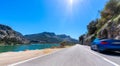 rental car in spain mountain landscape road at sunset Royalty Free Stock Photo