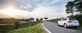 Rental car in spain mountain landscape road at sunset Royalty Free Stock Photo