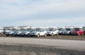 Rental cars with rooftop tents parked in storage at Keflavik airport during Covid 19 crisis