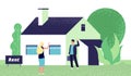 Rental concept. Young woman and real estate agent. Girl rents house vector illustration