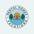 Rental homes vacations vector logo design. House on river logotype.