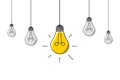 Hanging light bulbs with one glowing. Electric extinct lightbulbs set and one glowing. Concept of idea and choosing