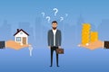 Man makes a choice between a house and money. Businessman chooses options. Buyer decides to buy apartment or not. Vector