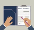Rental insurance document with hand and pen.