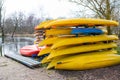 Rental kayaks and canoes at Welna River Wielkopolska Royalty Free Stock Photo