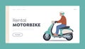 Rental Motorbike Landing Page Template. Male Character Wear Helmet Riding Motorcycle or Scooter. Man Driving Bike Royalty Free Stock Photo