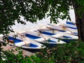 Rental Row Boats Docked on Lake Side, Bucharest, Romania Royalty Free Stock Photo