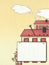 Rental and sale of housing. A group of buildings with an ad mockup. Illustration