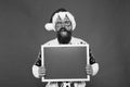 Rental services. Winter price drop. Bearded hipster Santa claus. Joyful man show blackboard copy space. Happy winter