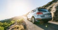 SUV car in spain mountain landscape road at sunset Royalty Free Stock Photo