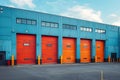 Rental units of self storage facilities, vibrant colors, industrial garage exterior