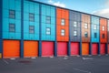 Rental units of self storage facilities, vibrant colors, industrial garage exterior