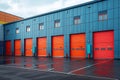 Rental units of self storage facilities, vibrant colors, industrial garage exterior