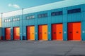 Rental units of self storage facilities, vibrant colors, industrial garage exterior