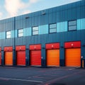 Rental units of self storage facilities, vibrant colors, industrial garage exterior