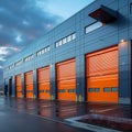 Rental units of self storage facilities, vibrant colors, industrial garage exterior