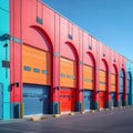 Rental units of self storage facilities, vibrant colors, industrial garage exterior