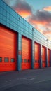 Rental units of self storage facilities, vibrant colors, industrial garage exterior