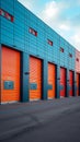 Rental units of self storage facilities, vibrant colors, industrial garage exterior