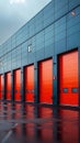 Rental units of self storage facilities, vibrant colors, industrial garage exterior