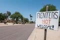 Renters Not Welcome Sign Concept Image on residential street. Royalty Free Stock Photo
