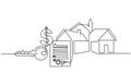 Renting or buying house: contract, money, key, home. Continuous one line drawing