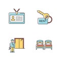 Renting hotel room RGB color icons set. Living accommodation. Single beds. Security guard, elevator operator. Apartment