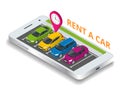 Renting a new or used car. car rental booking reservation on mobile smartphone. Used cars app. Vector illustration