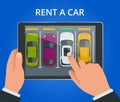 Renting a new or used car. car rental booking reservation on tablet. Used cars app. Vector illustration background Royalty Free Stock Photo