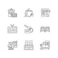 Renting pixel perfect linear icons set. Communal kitchen. Identity card. Living room. Shared space. Customizable thin