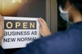 Reopening for business adapt to new normal in the novel Coronavirus COVID-19 pandemic. Rear view of business owner wearing medical Royalty Free Stock Photo