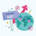 Reopening, cartoon planet welcome back placard growth arrow