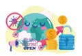 Reopening cartoon world money economy growth advertising megaphone