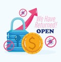 Reopening, we have returned open, financial money padlock growth arrow, coronavirus covid 19