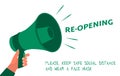 Reopening invitation card with green megaphone. Open sign on front door